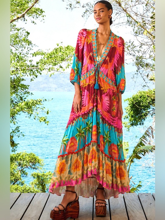 FARM Rio Dresses & Skirts - FARM RIO Anthropologie Colorful Tropical Long Sleeve Maxi Dress